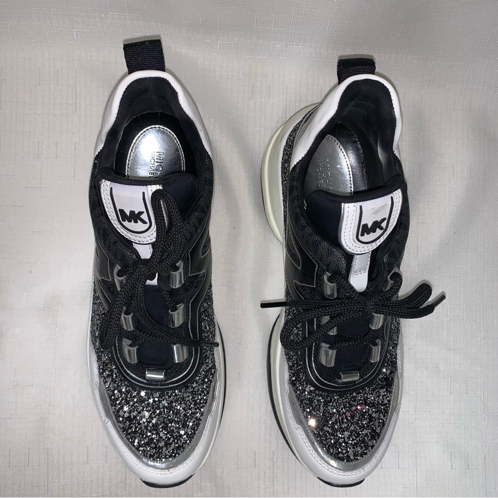 MICHAEL KORS Olympia Glitter Trainer Sneaker Women’s Black Silver 8.5M Lace Up - Picture 11 of 17